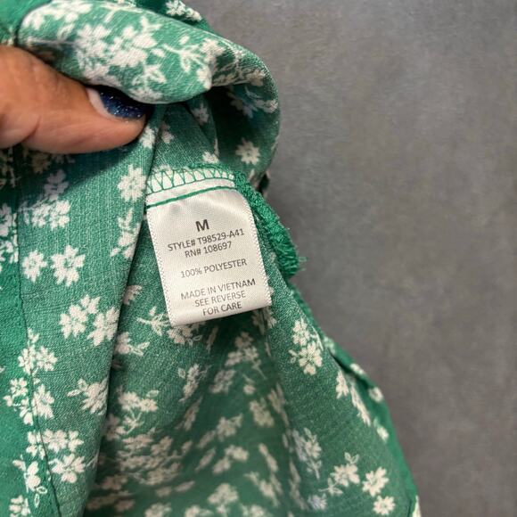 Sweet Rain Green Floral Button Blouse Romantic Peplum Waist Tie Cottagecore - Picture 4 of 12